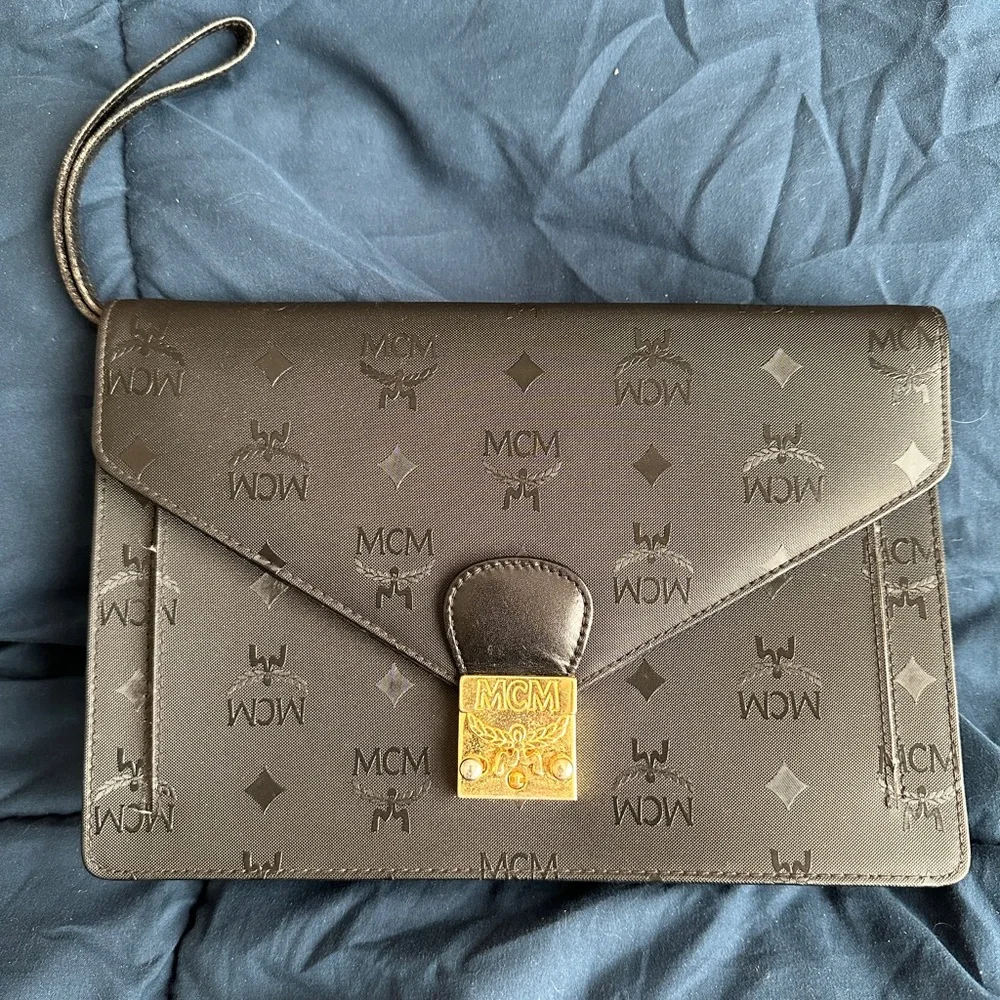 MCM Black Monogram Envelope Clutch with Gold Lock - Picture 1 of 16
